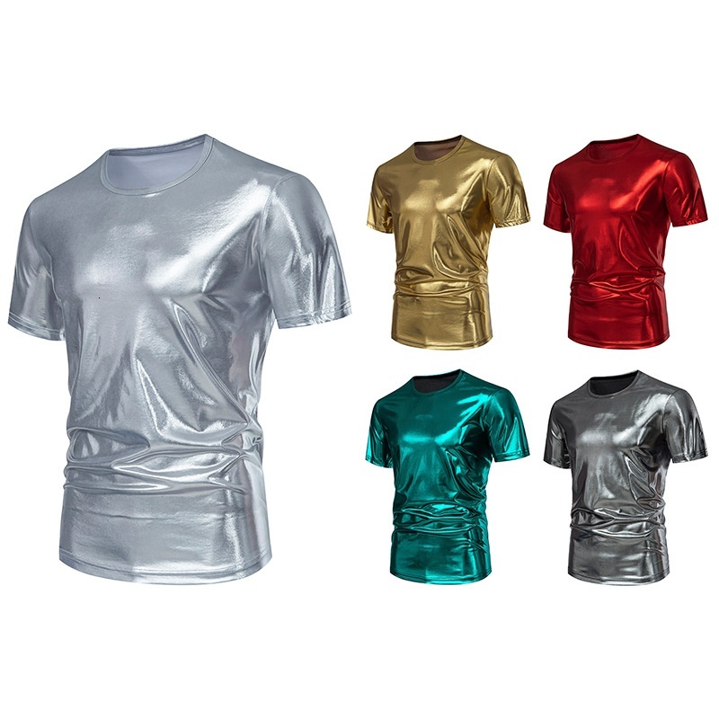 Men's Summer Short Youth Nightclub Glossy Slim Fit Five-Quarter Sleeve Crew Neck T-Shirt