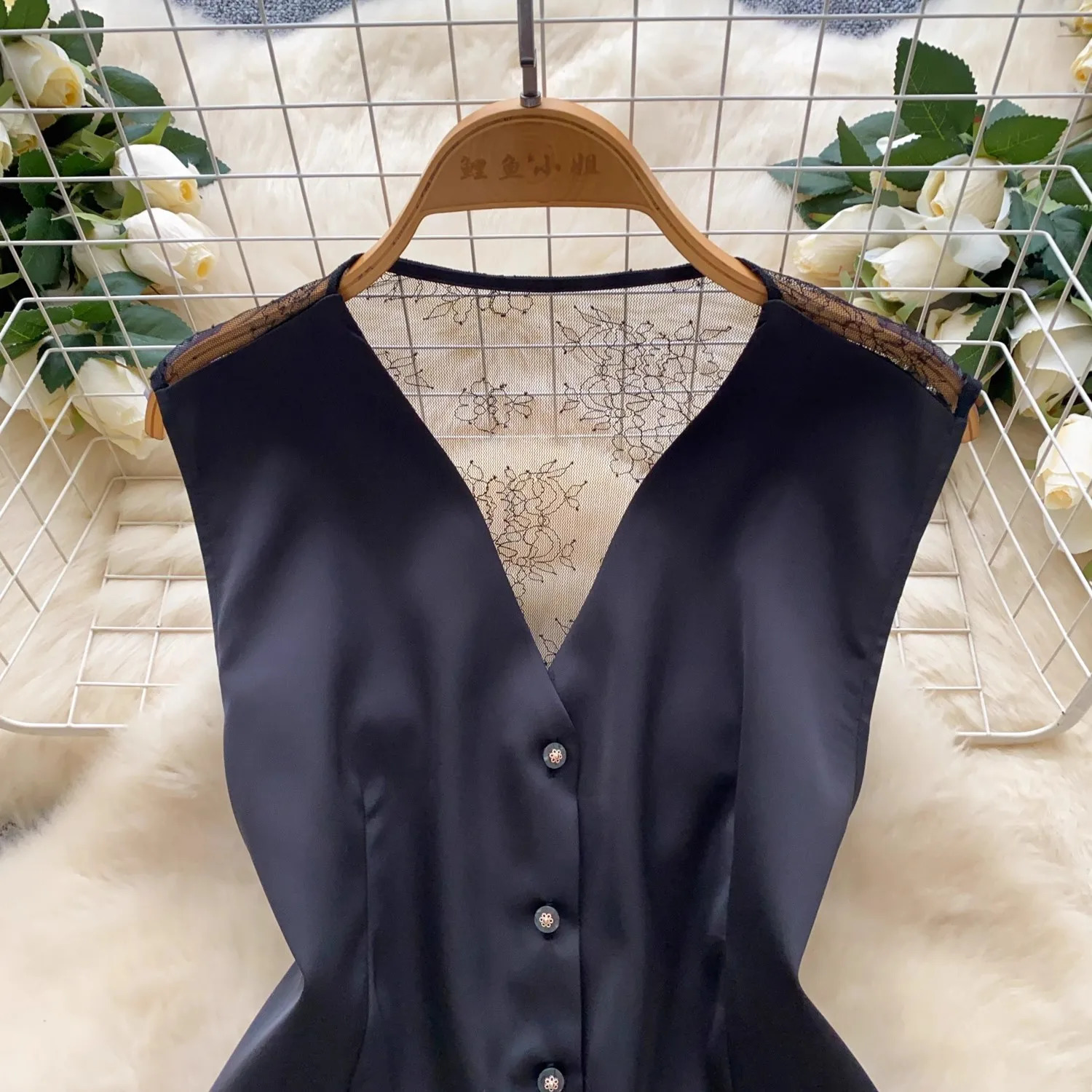 Summer Ladies Perspective Lace Patchwork Suit Vest Womens Sexy VNeck Sleeveless Tank Irregular Blazer Black White Camisole 250610