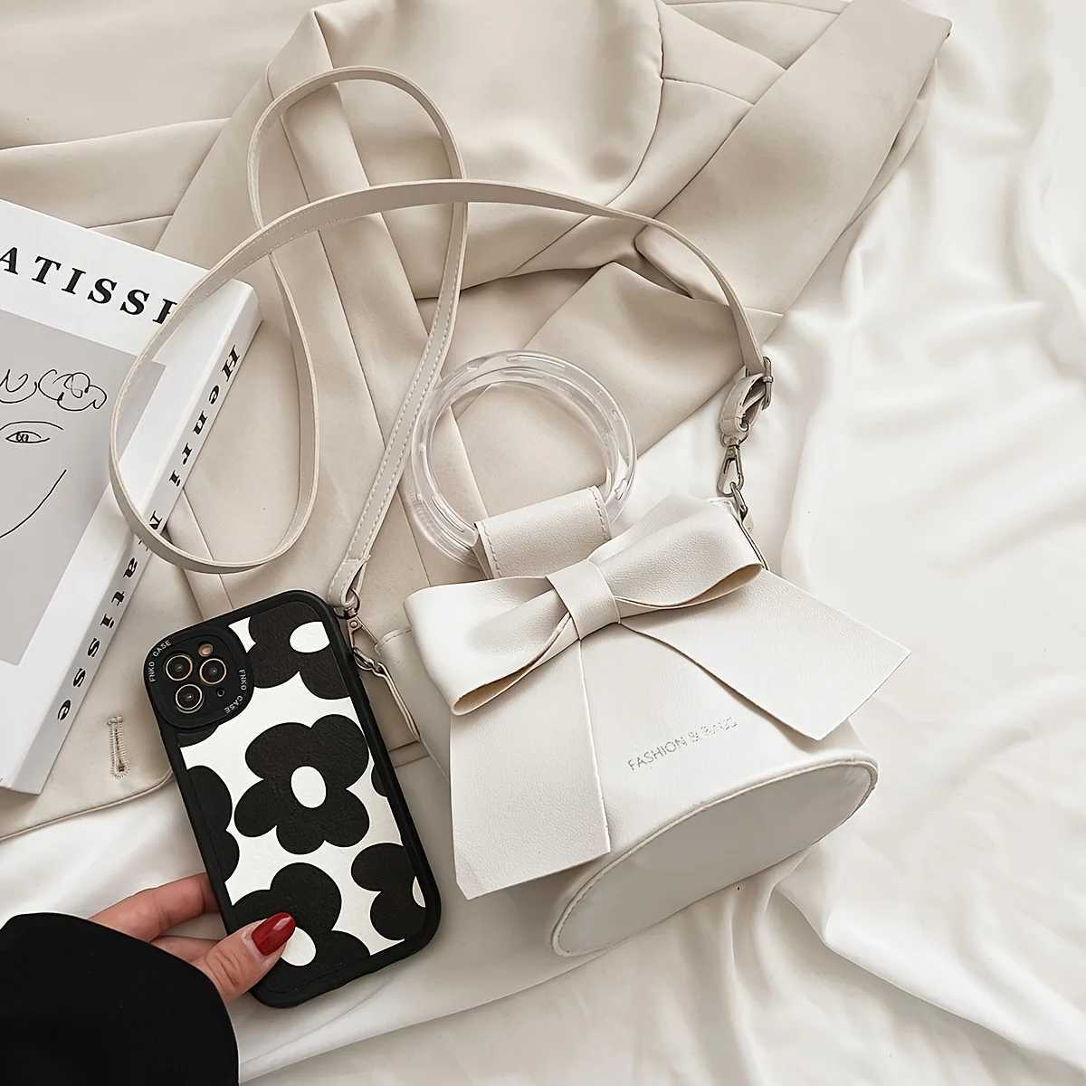 Stylish Womens Bucket Bag with Detachable Strap and Elegant Bow Accent Casual Shoulder Crossbody Bag Summer Handbag Purse XJ250610