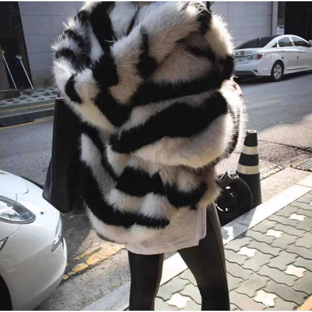 Oversized Winter Warm Hooded Large size Black White Zebra Faux Fur Coat CHILL Full sleeve Women Short Shaggy Outerwear
