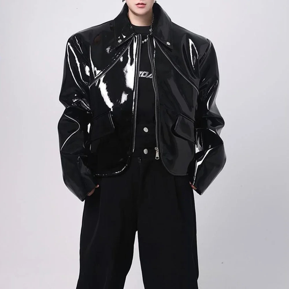 Mens Jacket Shiny Leather Jacket Handsome Performance Stage Outfit Autumn Elegant British Excellent Patent Leather Jacket 250611
