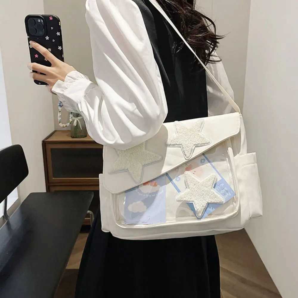 Canvas Star Crossbody Bag Large Capacity Y2k Pentagram Shoulder Bag Transparent Pockets Korean Style Nylon Student School Bag XJ250610