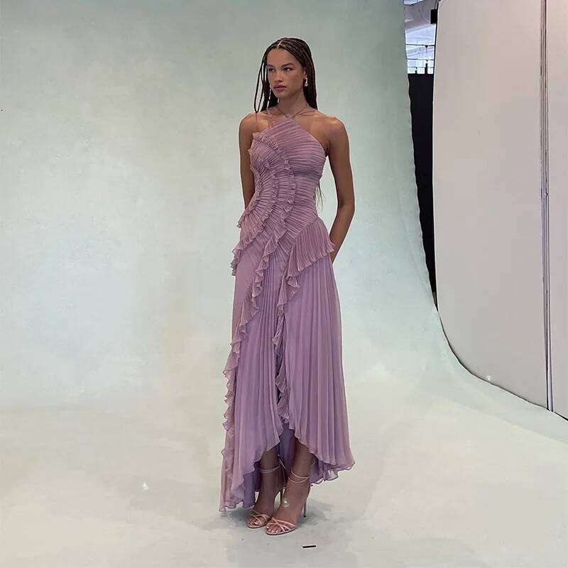 Chic Pleated Halter Neck Long Vacation Dress High Quality Purple Strapless Lotus Edge Maxi Dress 2025 Nw Lady Vacation Gowns