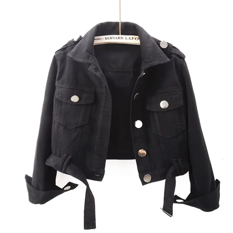 Spring Autumn Fashion Solid Color Big Pocket Denim Jacket Women Casual Cowboy Outerwear Hem Belt Slim Short Jeans Jacket Female 250609