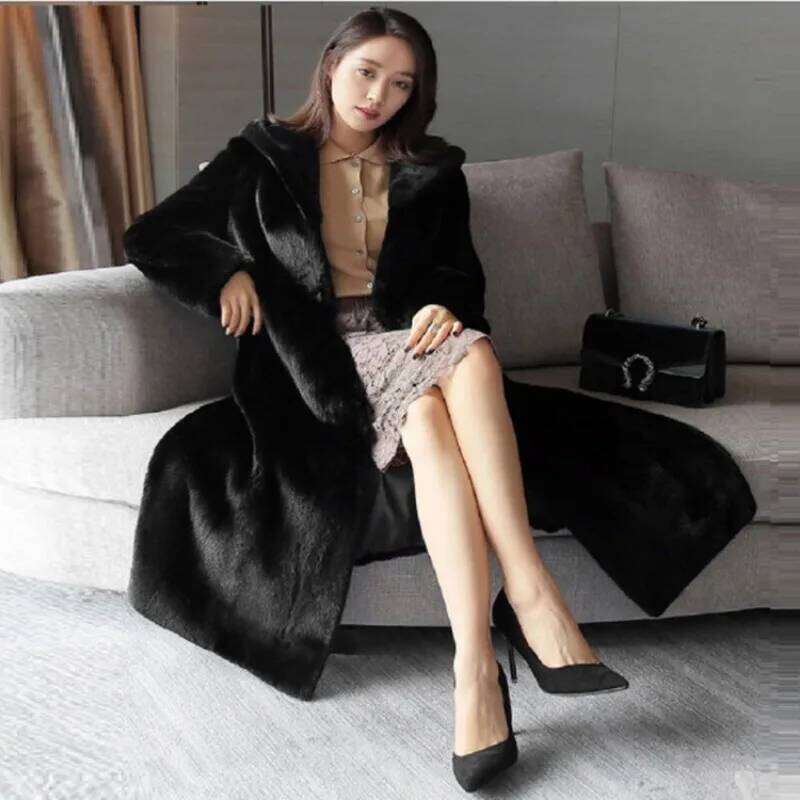 Brand Coats Women Big Size Long Jacket Hooded Warm Thick Winter Outerwear Black Faux Mink Fur Coat Clothing