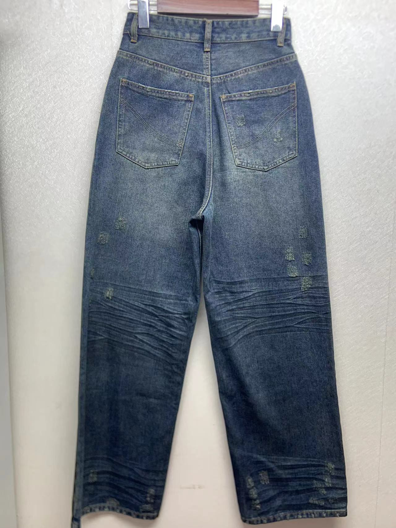 Factory customized wholesale vintage washed ripped wide leg denim pants 23-0108