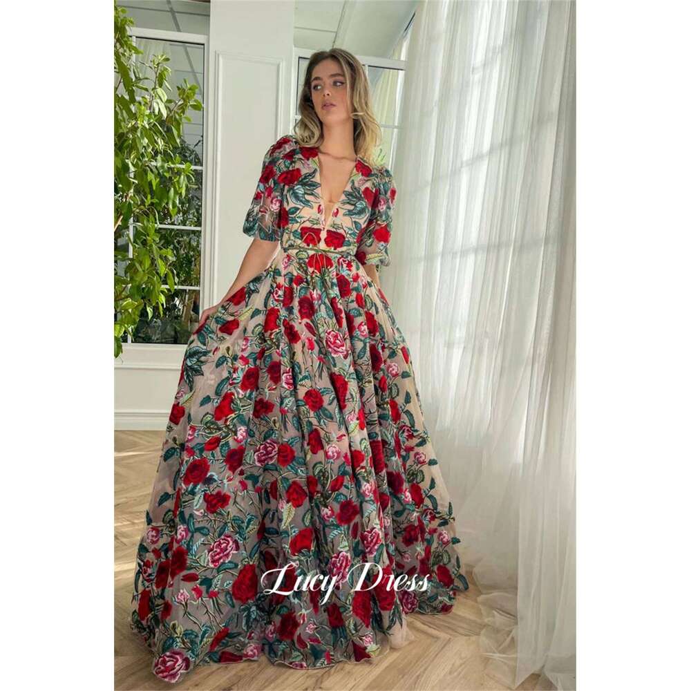 Lucy Party Dress Ball Gown V Collar Wedding Floral Lace Evening Dresses 2024 Prom Women Midi Ladies Gala Woman Customized