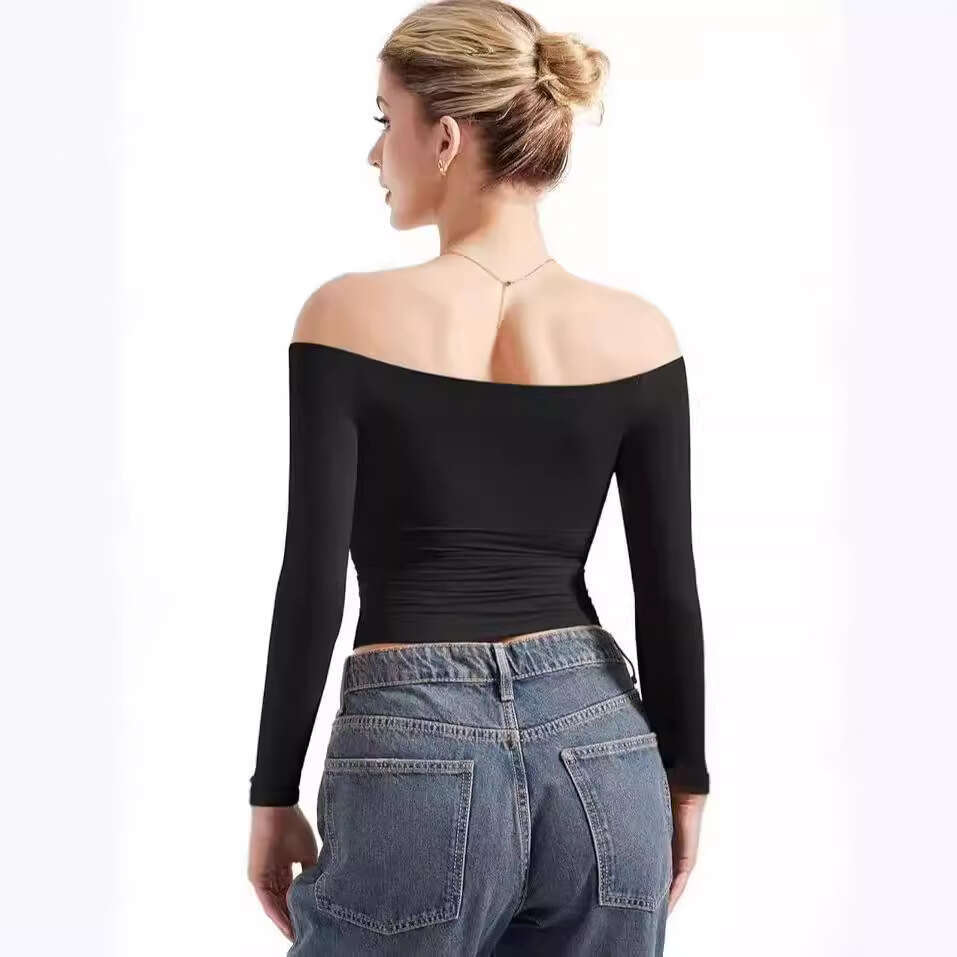 Autumn Fashion Sexy Long Sleeve Women's Off-Shoulder Crop Top Pullover T-Shirt B5
