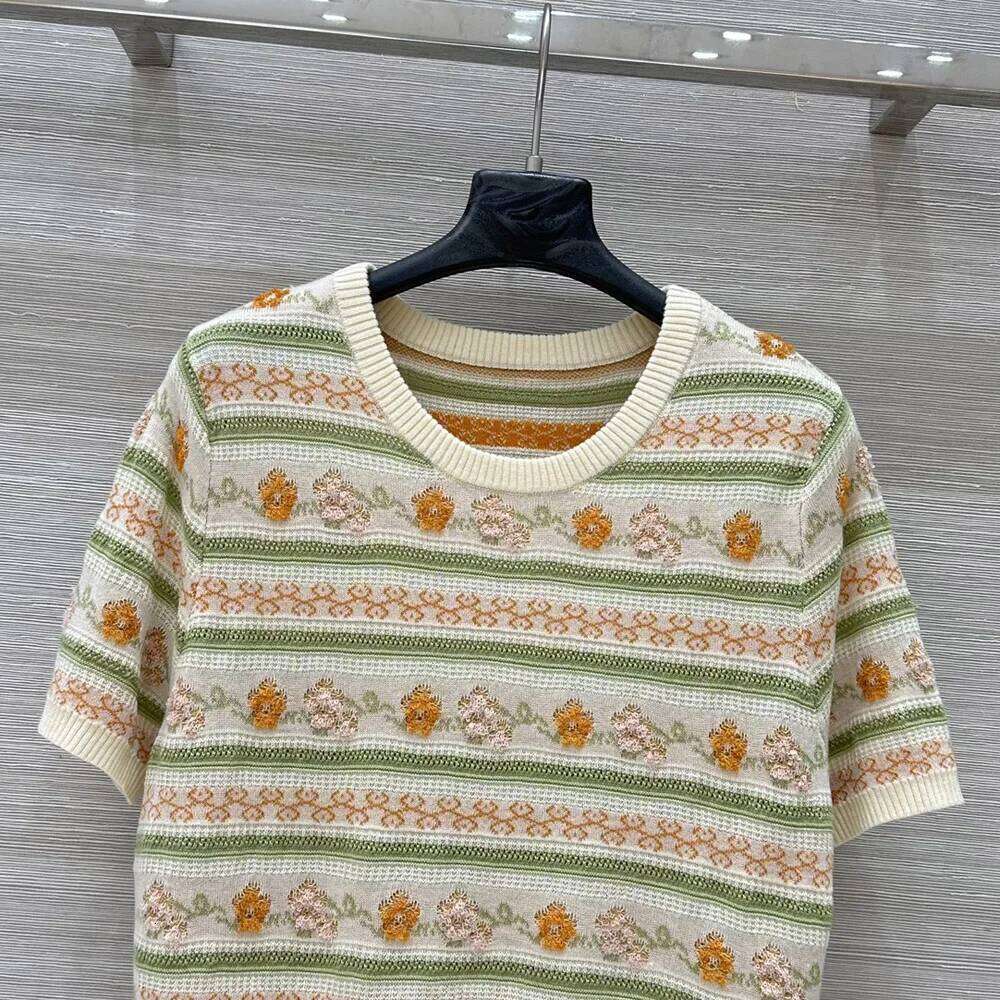 3D flowers jacquard holiday knitted short sleeve tops 2025 spring summer o-neck pullover jumpers