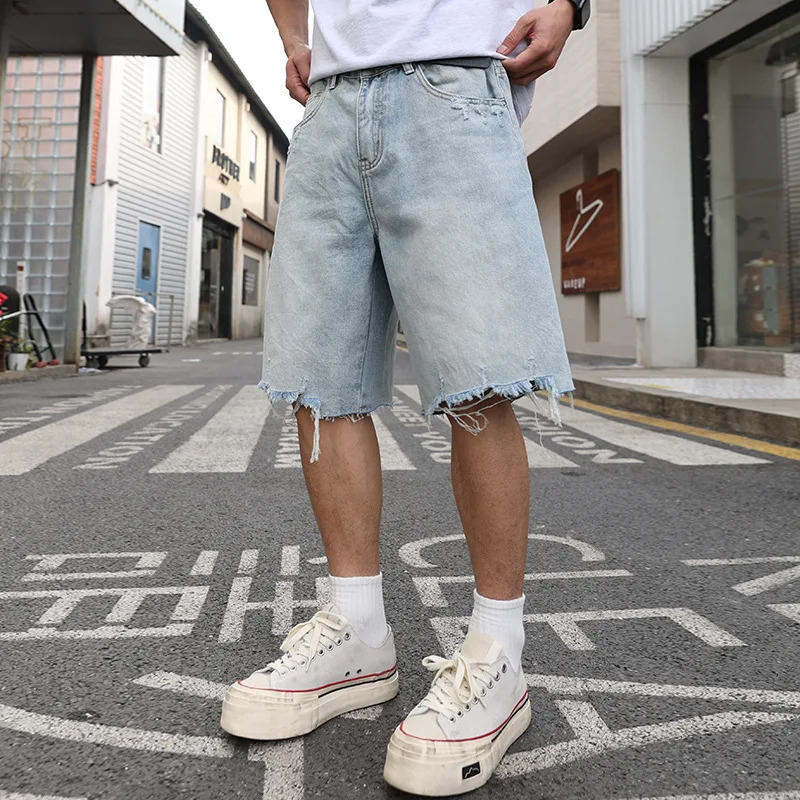 Men Broken Edge Ripped Denim Shorts Cityboy Streetwear Fashion Hip Hop Loose Casual Plus Size Denim Short Pant Jeans Shorts 250611