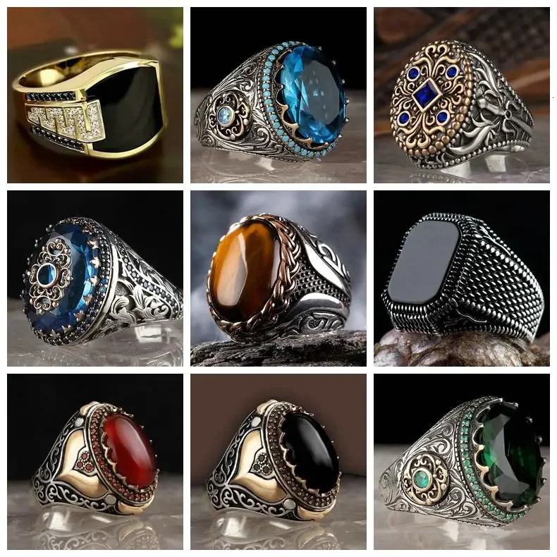 30 Styles Vintage Handmade Turkish Signet Ring For Men Women Ancient Silver Color Black Onyx Stone Punk Rings Religious Jewelry 250610