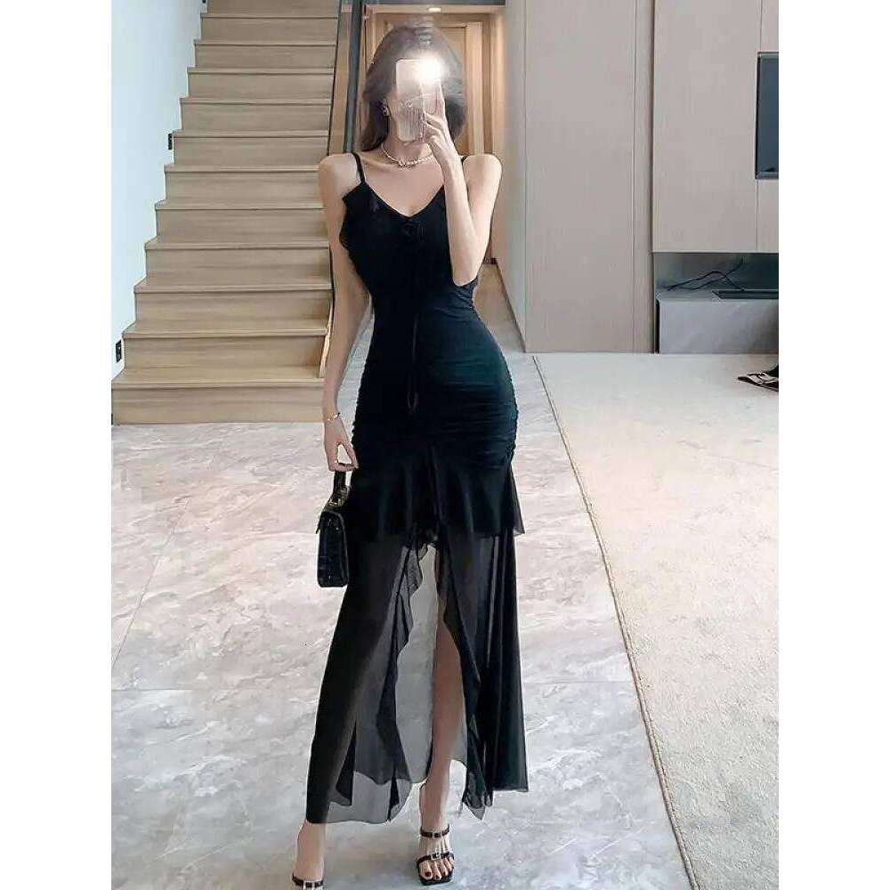 Summer 2025 Black Mesh Elegant Ruffle Edge Pleated Irregular Evening Dress Women Sleeveless High Waist V Neck Slip Long Dresses