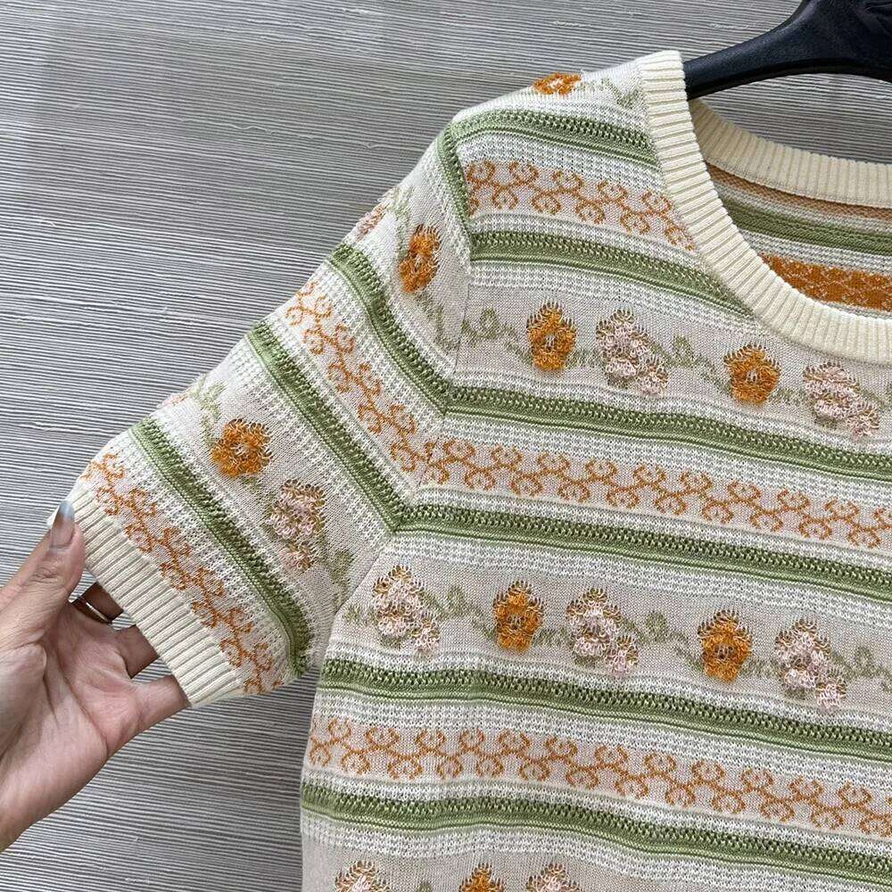 3D flowers jacquard holiday knitted short sleeve tops 2025 spring summer o-neck pullover jumpers
