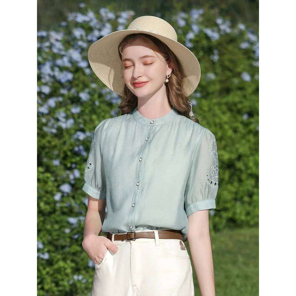 I BELIEVE YOU French Shirt & Blouse For Women 2024 Summer New Stand Collar Puff Sleeve Hollow Out Chic Shirts Lady 2241055593