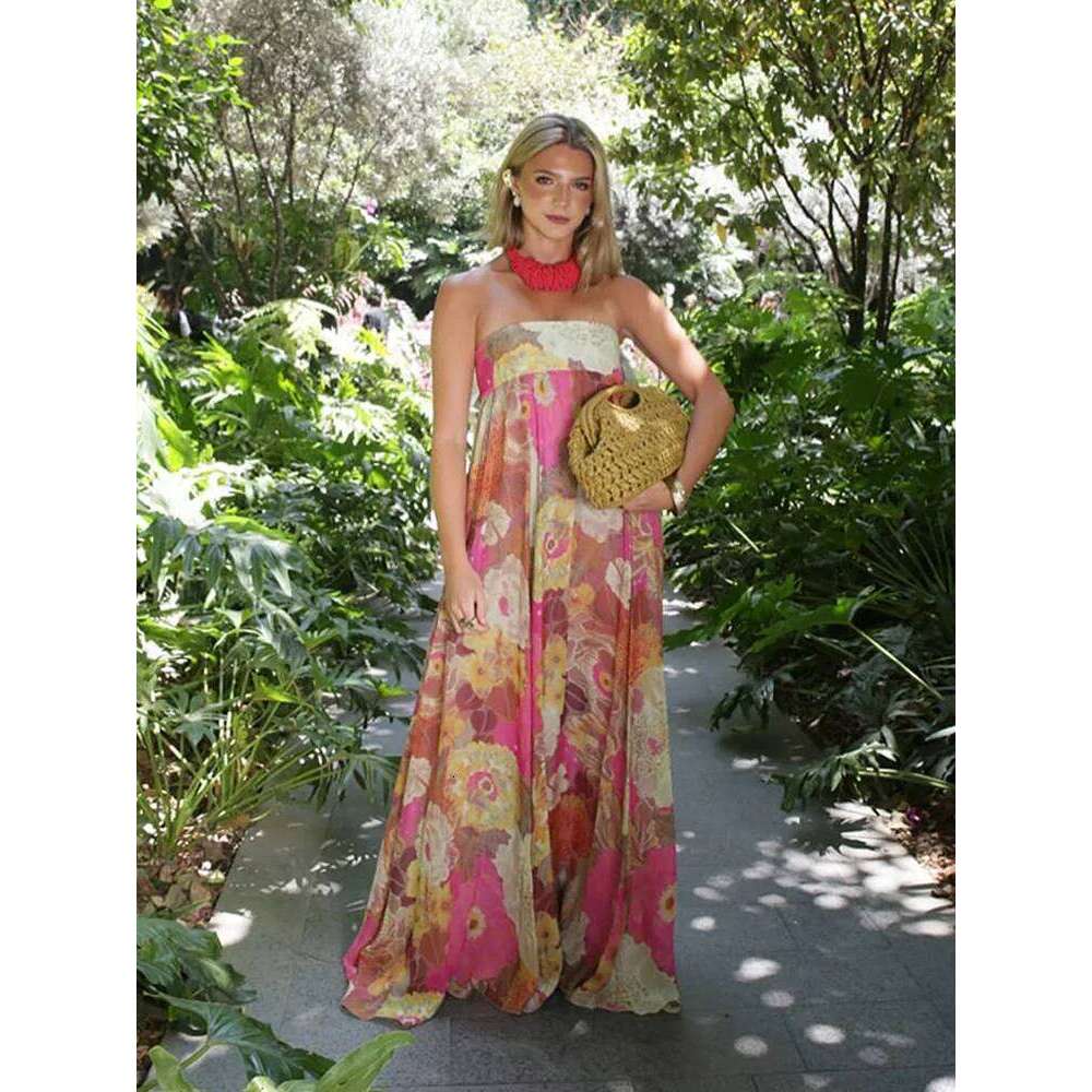 Pleated Printed Strapless Maxi Dress Women Elegant Sleeveless High Waist Loose Street Gowns 2025 Summer Vacation Party Vestidos