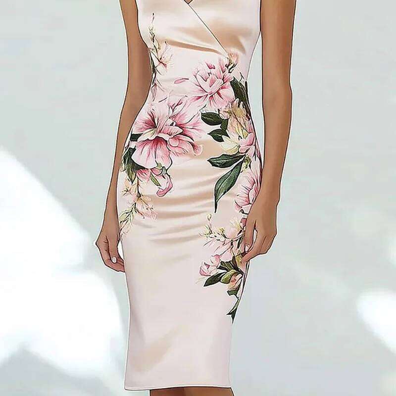 Elegant V Neck Commute Lady Dresses Retro Floral Print Slim Hip for Woman 2025 Summer Sleeveless Back Zipper Holiday Dress