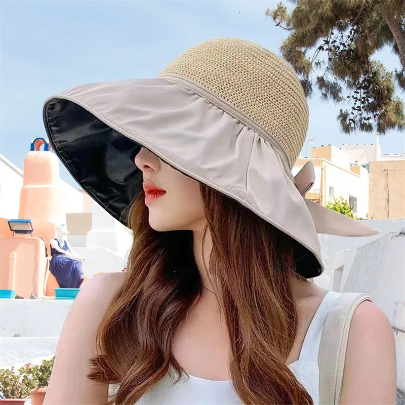 Women s Wide Brim Sun Hat with Bowknot Ribbon Lightweight Foldable UV Protection Bucket Hat for Outdoor Activities 250610