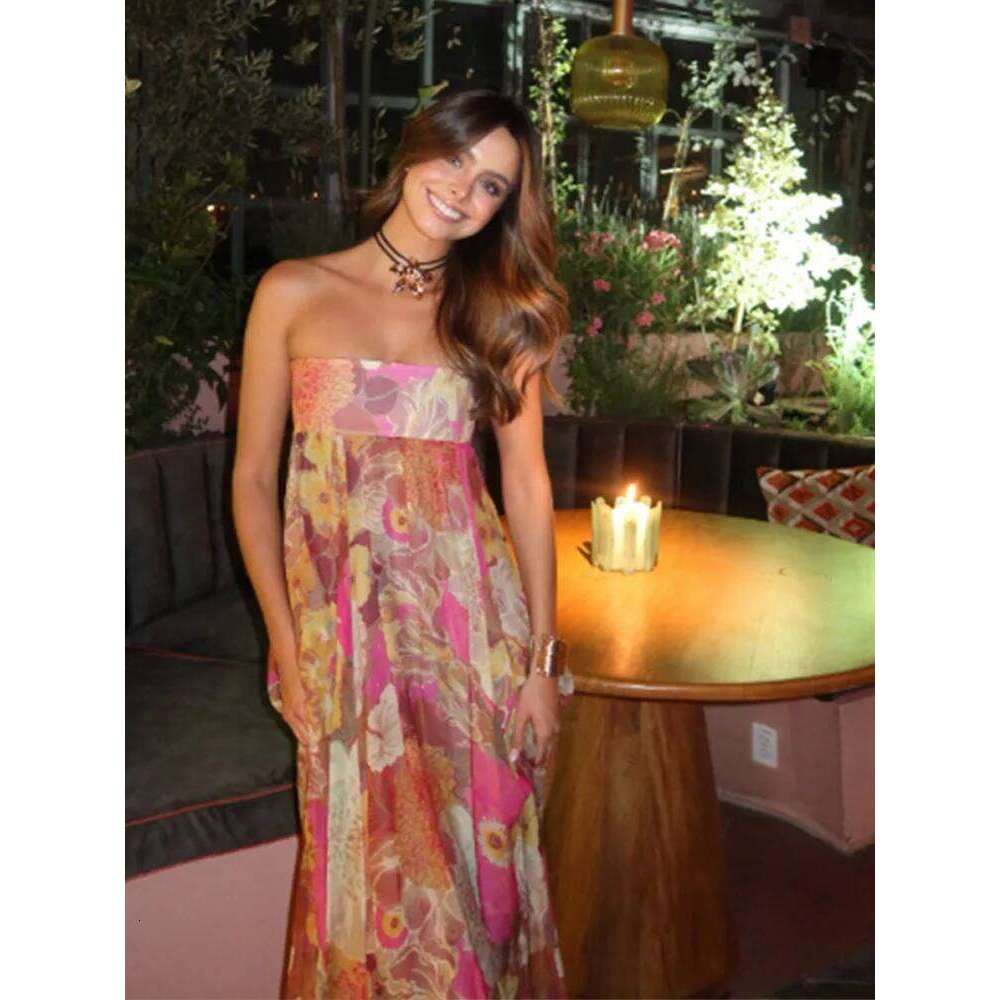 Pleated Printed Strapless Maxi Dress Women Elegant Sleeveless High Waist Loose Street Gowns 2025 Summer Vacation Party Vestidos
