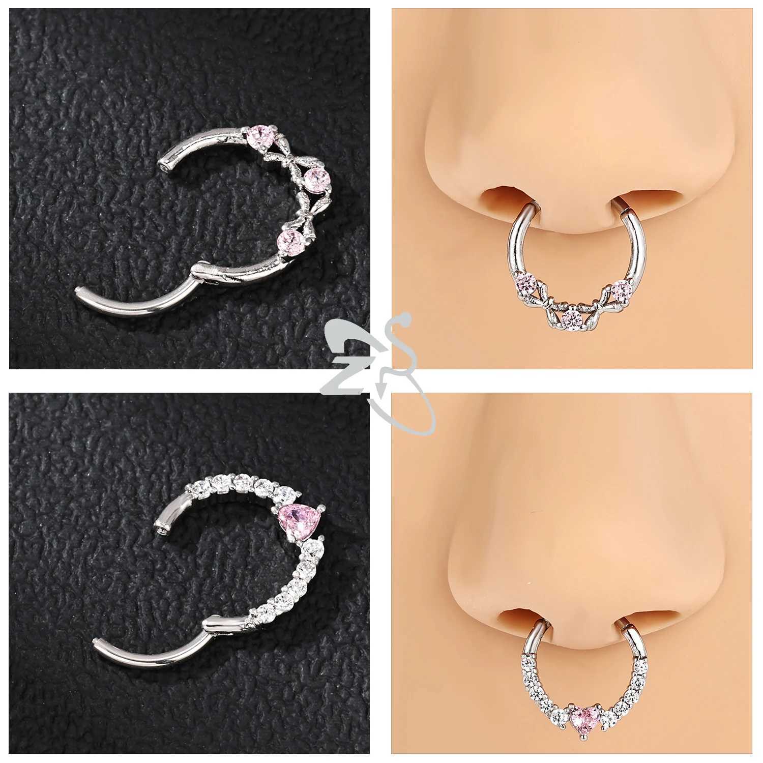 ZS 1PC Pink Crystal Nose Piercing Silver Color Septum Ring 316L Stainless Steel Nose Clicker Ear Helix Cartilage Piercing 16G W250611