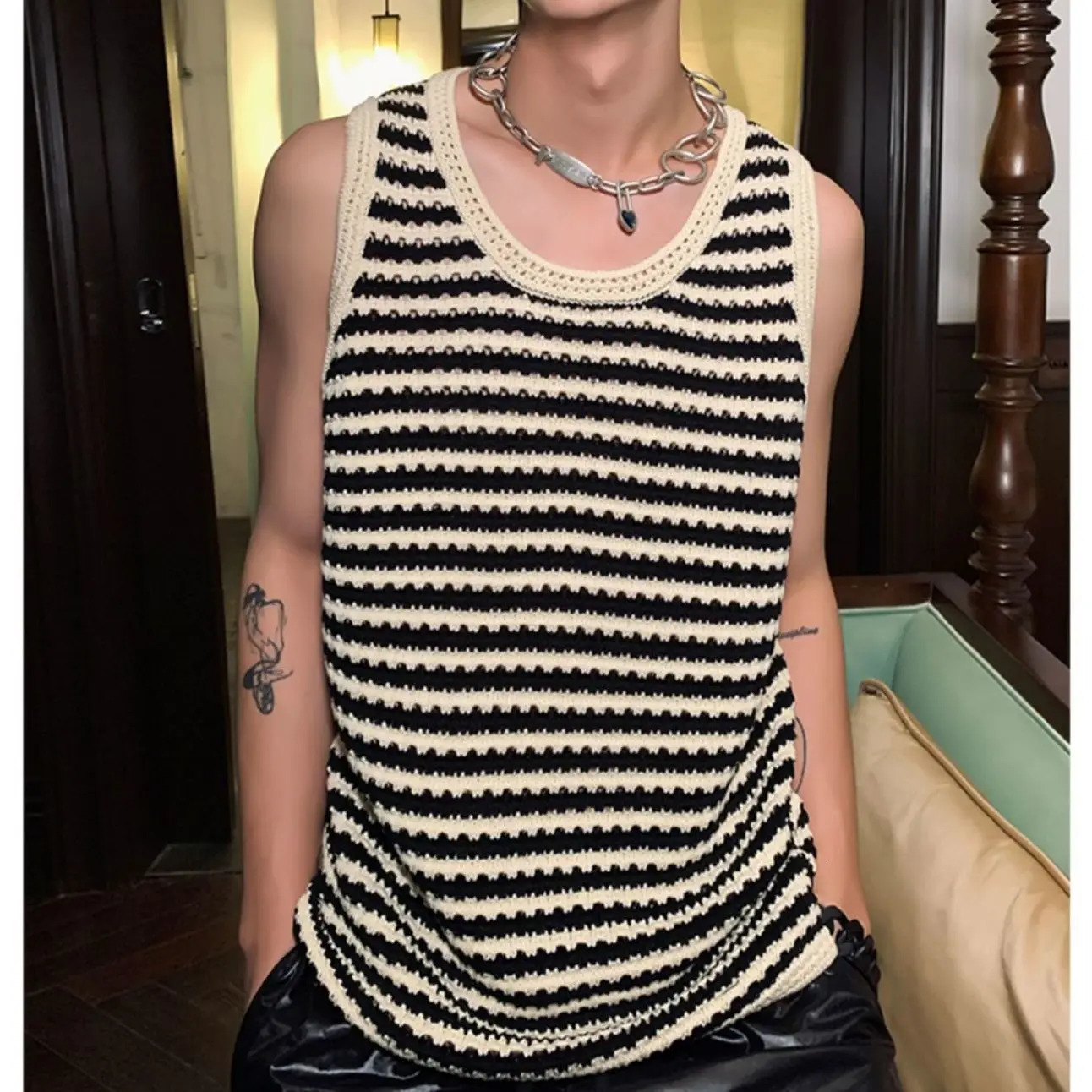 Mens Striped Knitted Sleeveless Vest Casual Sports Streetwear Breathable Comfort Summer Tanks Tops O-Neck Korean Style 250611