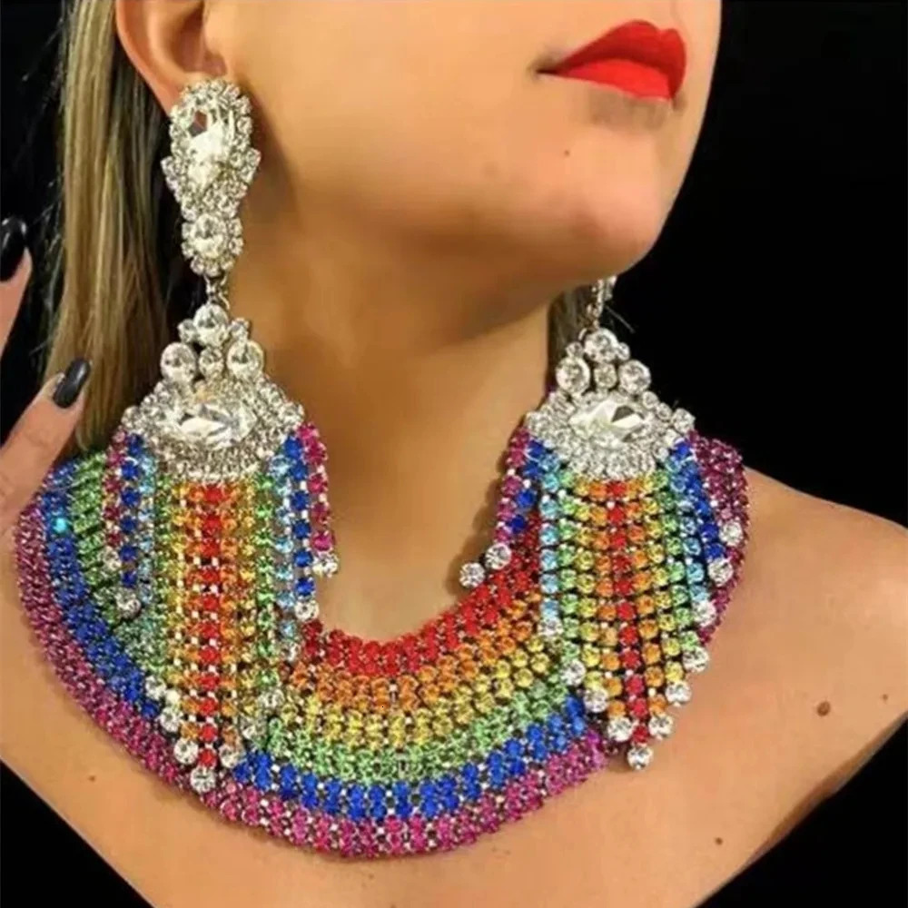 Boho Rhinestone Rainbow Geometric Fringed Dangle Earrings Drag Queen Crystal Colorful Long Tassel Drop Earrings Wedding Jewelry 250610