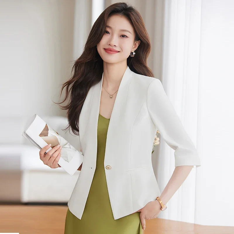 Fashion Summer Women Blazer Half Sleeve Jackets Outerwear Office Ladies Business Work OL Light Blue 250610