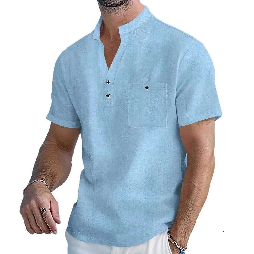 New Stand Collar T-Shirt Linen Short Sleeve Shirt Casual Thin Loose Henley Men's Wear B5