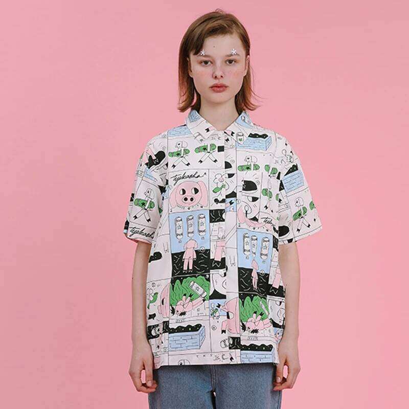 Women's Chiffon Shirts Top Summer New Female Casual Blouse Original Niche Design Short-sleeved Cartoon Pig Graffiti Printed