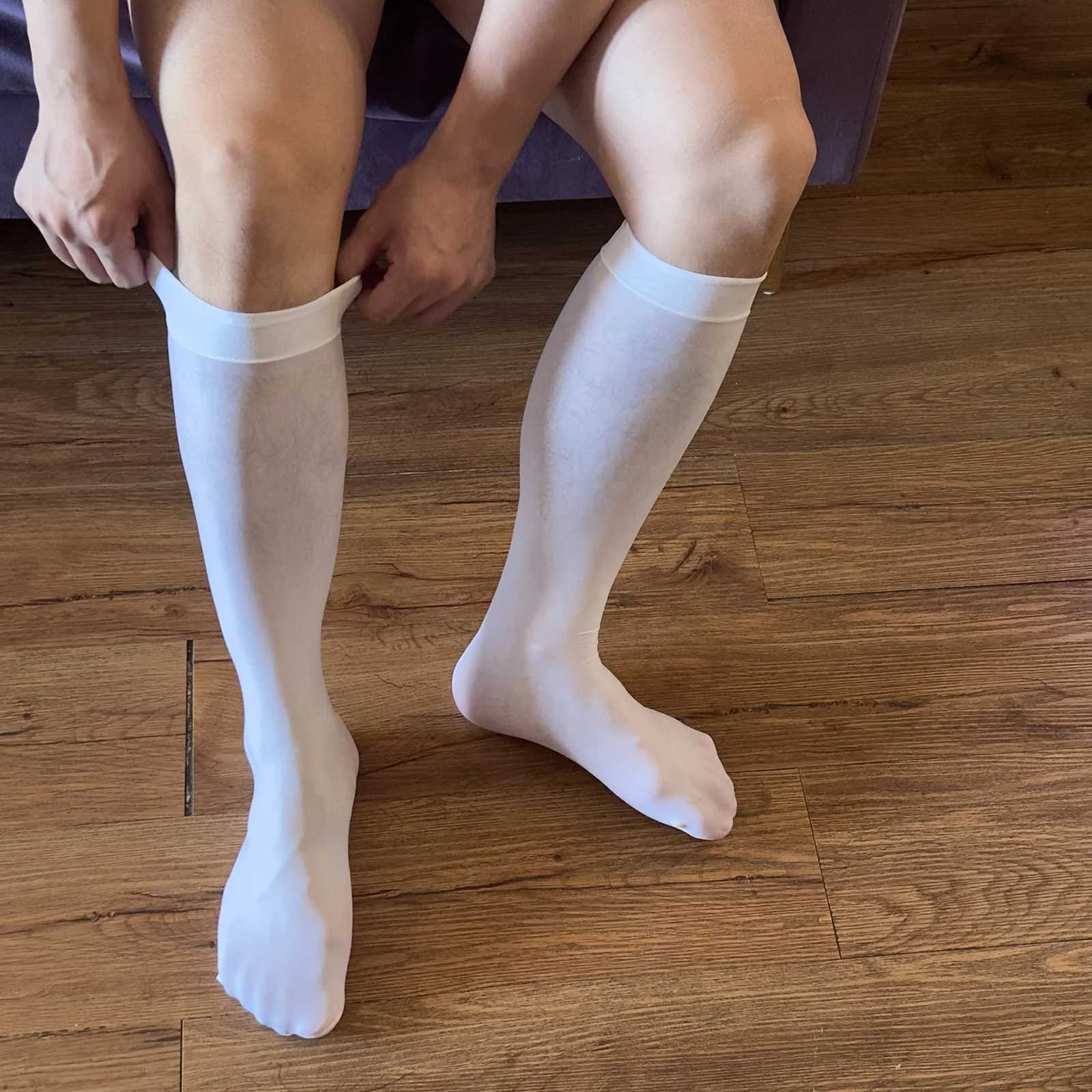 Ultra-thin Silky Stockings Men Transparent Oil Shine Long Sexy Dress Socks Elastic See Through High Socks Z250610