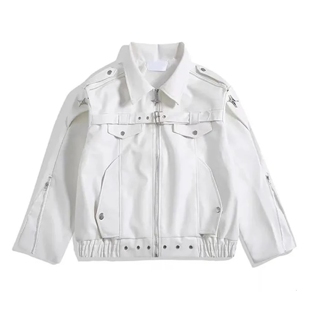 Men Pu Jacket Motorcycle Biker Straps Metal Pu Jacket Streetwear Fashion Versatile Trendy Casual Long-Sleeve Tops MenS Clothing 250611