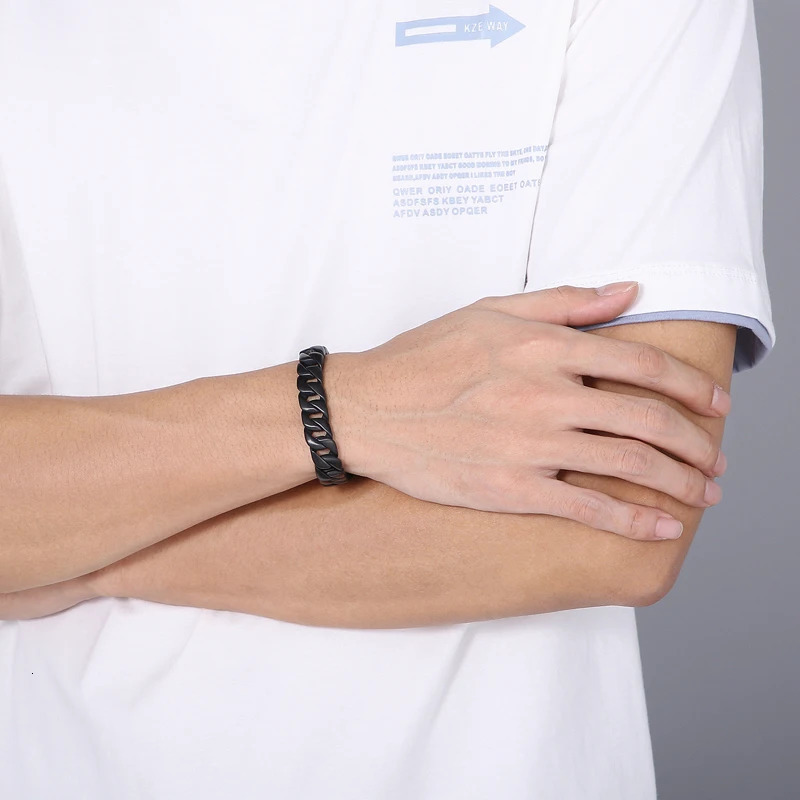 12mm Men Cuban Bracelet 18-22cm Length Stainless Steel Bracelet Silver/Black/Gold Colour Curb Cuban Link Chain Unisex Bracelet 250610