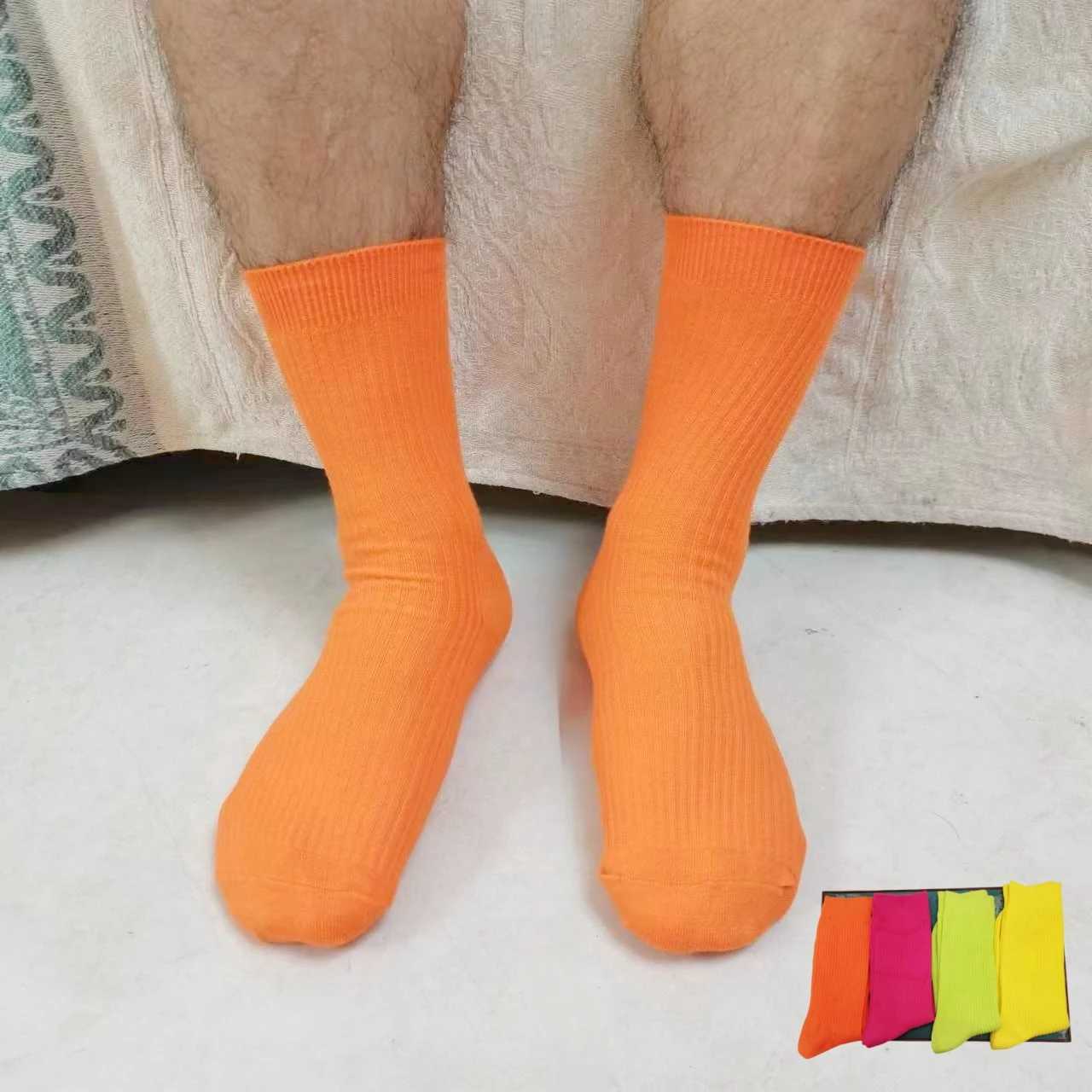 Harajuku Candy Color Men Crew Socks Street Wear Fluorescent Green Neon Yellow Sport Japanese Style Halloween Orange Pink Z250610