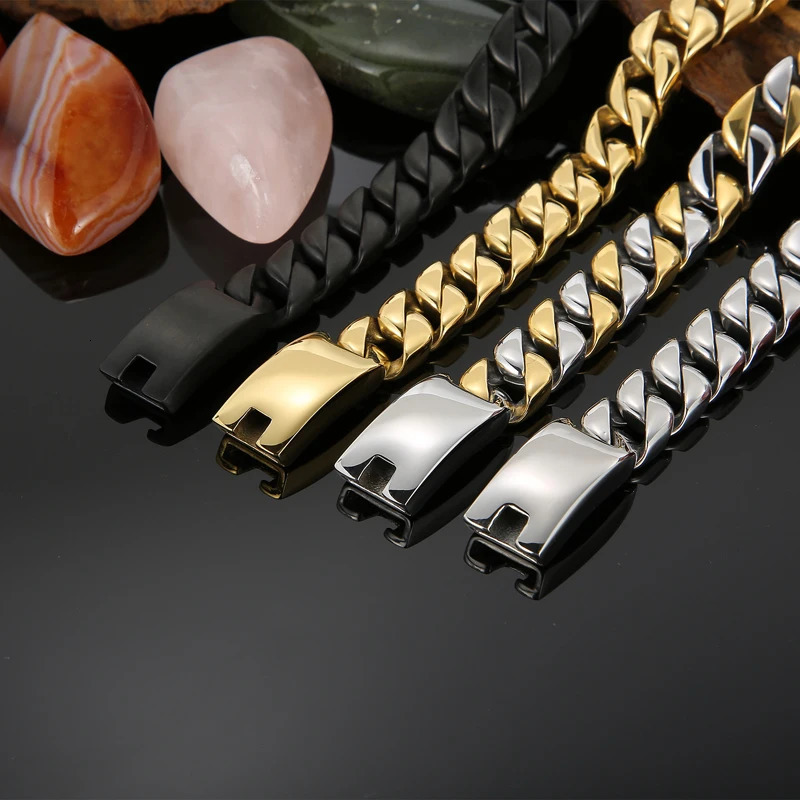 12mm Men Cuban Bracelet 18-22cm Length Stainless Steel Bracelet Silver/Black/Gold Colour Curb Cuban Link Chain Unisex Bracelet 250610