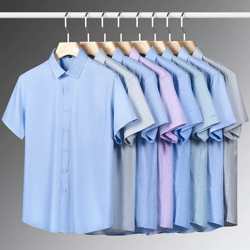 Mens Bamboo Fiber Short Sleeve Shirt Classic Solid Color Printing Plaid Business Formal Social Top Fashionable Office Wear 4XL 250611