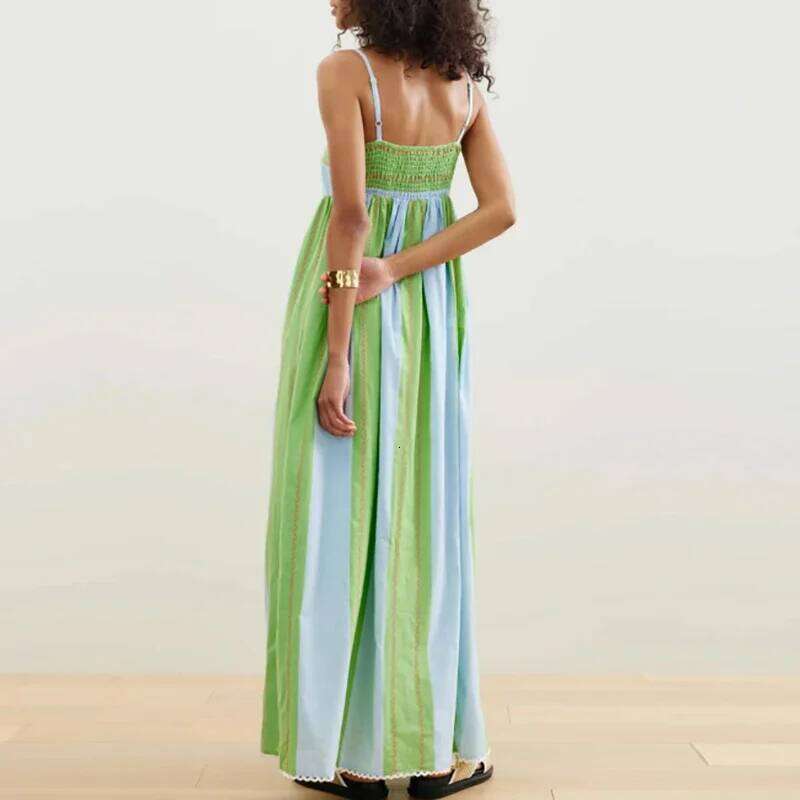 Elegant Suspenders Contrast Lace Stripe Bohemian Summer Retro Backless Hollow Pocket A-line Maxi Dress For Women 2025