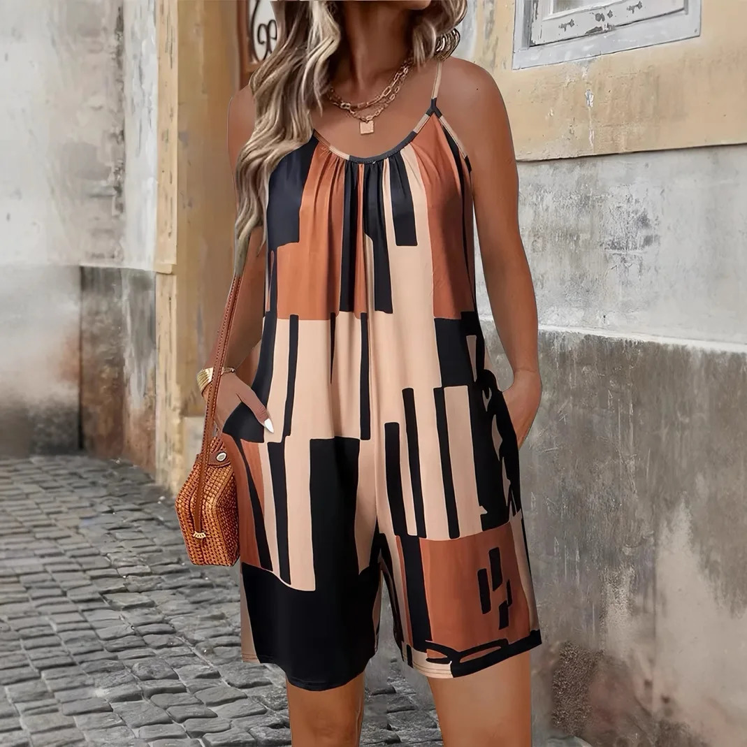 Summer Sexy Sling Beach Short Playsuits Women Fashion Plus Size Sleeveless Striped Print Loose Jumpsuit Casual Romper 250609
