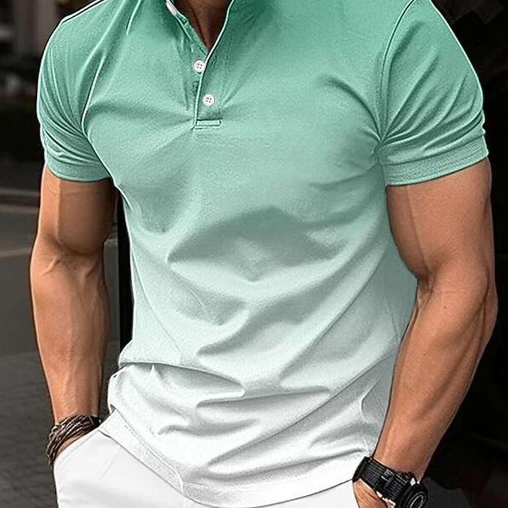 Spring Summer New Fashion Men's Stand Collar Gradient Casual Short Sleeve Golf Henley Shirt B5