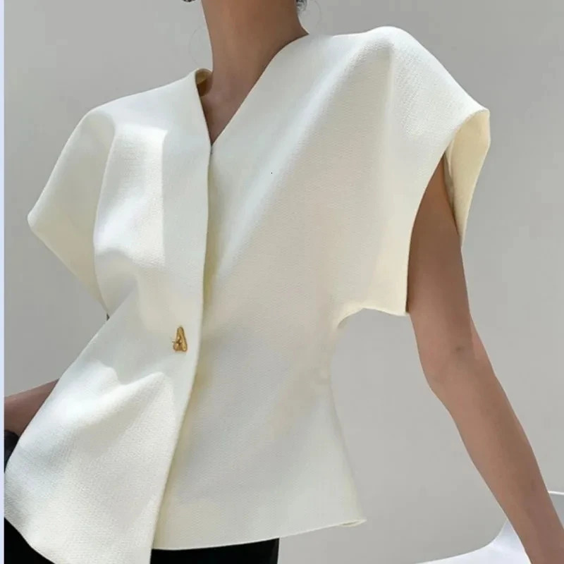 French Suit Drop Shoulder Sleeve Vest Top One Button Waist Slim Vintage Women Blazer Sleeveless Jacket 250610
