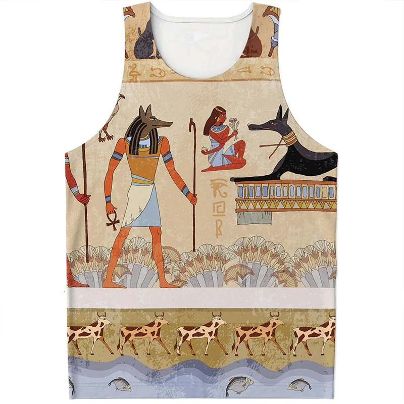 Summer Gym Bodybuilding Tank Top Fashion Egyptian Murals 3D Print Fitness Sleeveless Shirts Male Undershirt Casual Tops Vest 250609