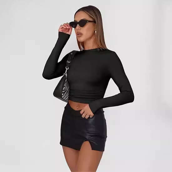 Base Shirt Short Fit Long Sleeve Basic Round Neck Top Slim Milk Silk Women's Clothing B5