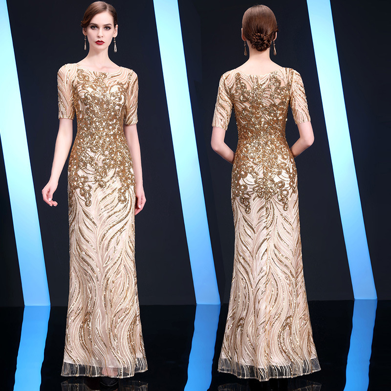 Customized Long sleeves womens formal prom dress sequined gold long wedding party dress Ceremony Dress mothers formal dress 250102