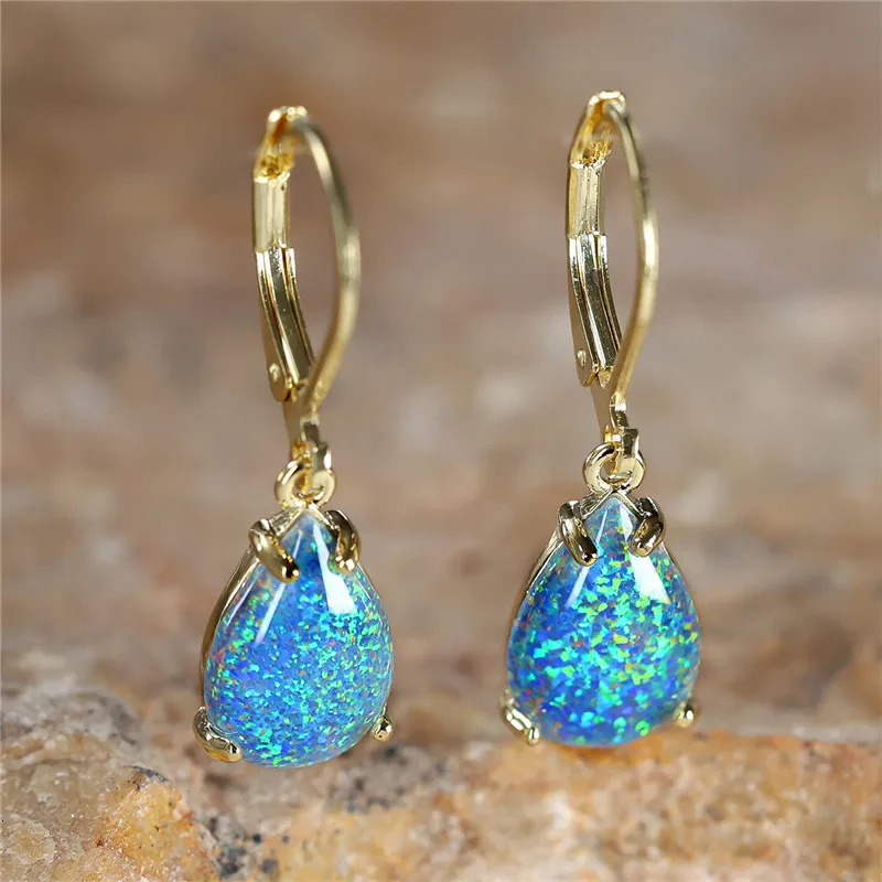 Female White Fire Opal Stone Classic Gold Color Water Drop Earrings Cute Dangle Boho Jewelry For Women 250610