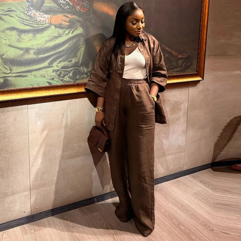 Cotton Linen Set Women Spring Summer Loose Oversize Long Sleeve Shirt Long Pants 2 Piece Sets Casual Office Ladies Trousers Suit 250606