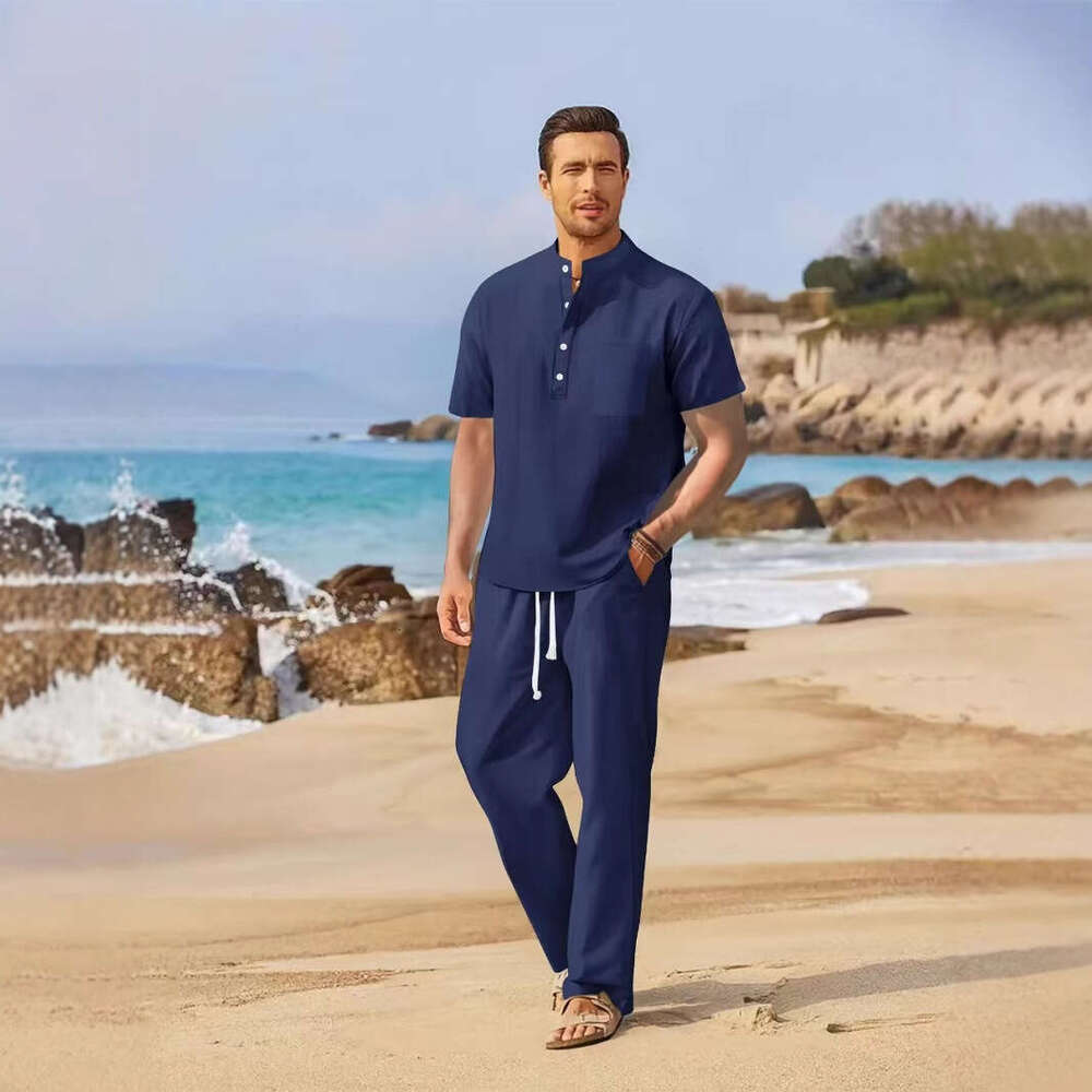 Spring/Summer New Men's Loose Casual Cotton Linen Short Sleeve Long Pants Set B5