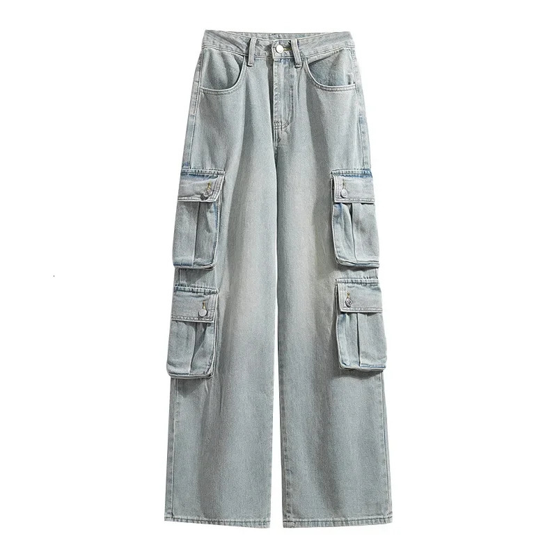 Plus Size Washed Pure Color Womens Low Waist Straight Leg Jeans Multiple Pockets Loose Fit Workwear Trousers Autumn plus Size 250609