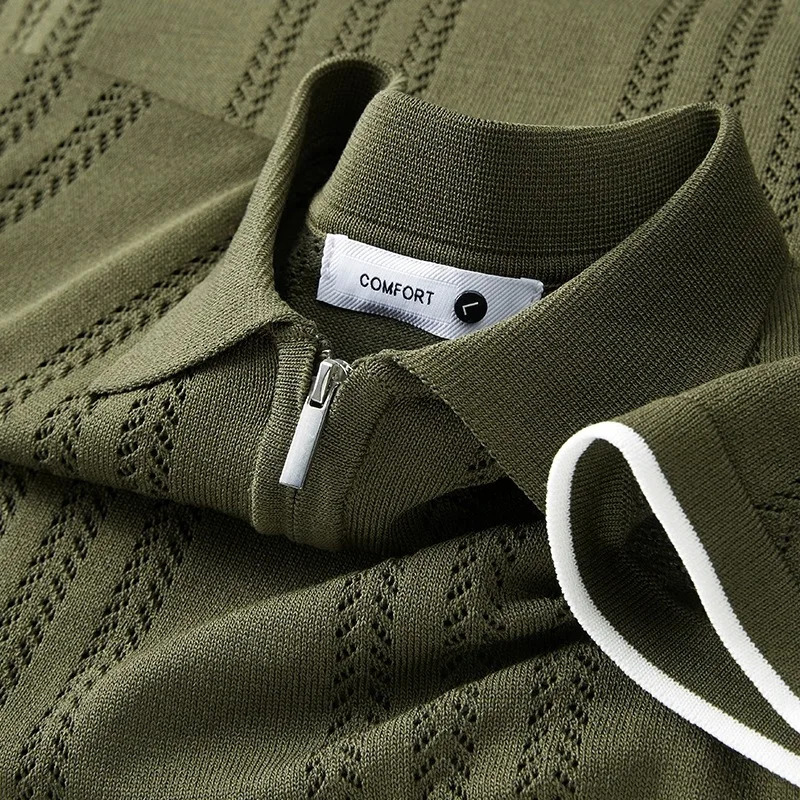Vintage Striped Ice Silk Knit Polos Mens Summer Casual Breathable Slim Polo Shirts Men Trendy Solid Color Short Sleeve Tops 250610