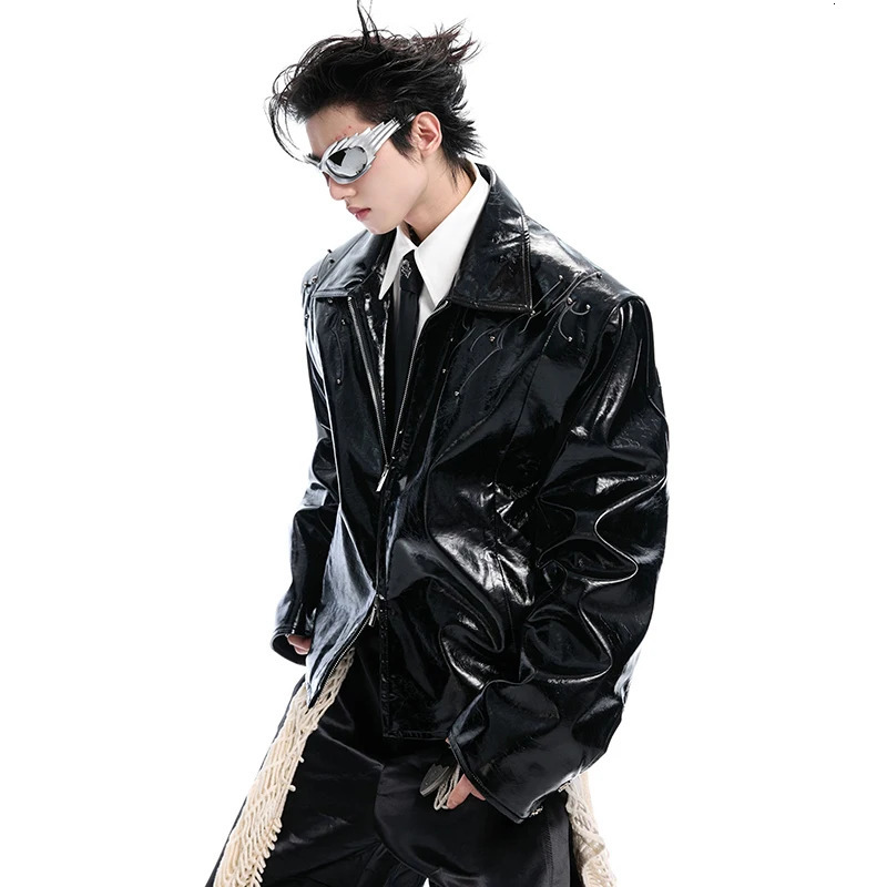 FEWQ Mens PU Leather Jackets Chine Rivet Embroidery Embroidery Turn-down Collar Solid Color Casual Male Coats 24K2833 250611