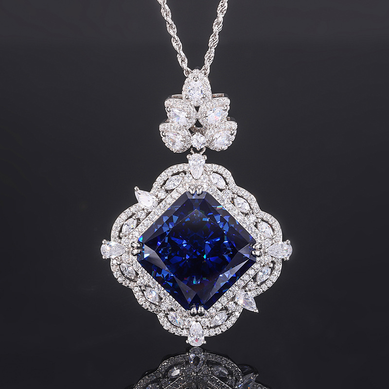 S925 Silver High-Carbon Diamond Royal Blue Square Pendant Necklace, 18x18mm Main Stone Luxury Design, Stylish and Elegant Women's Jewelry, Perfec