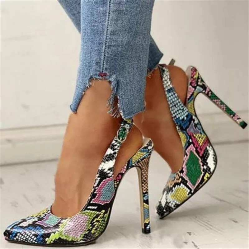 Kllyilala Sexy Snakeskin Buckles Leather Women Pumps Pointed Toe High Heels Dress Shoes Slip-on Patchwork Wedding Party Dress 250317