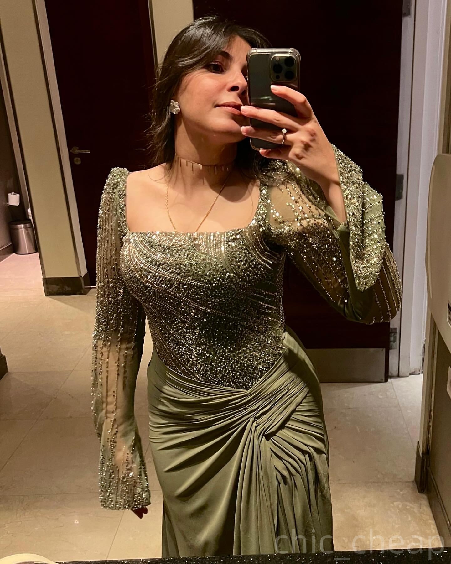 2025 Plus Size Sage Mermaid Mother Of Bride Dresses Sequined Chiffon Full Sleeves Evening Party Mama's Dress Vintage Birthday Wedding Guest Groom